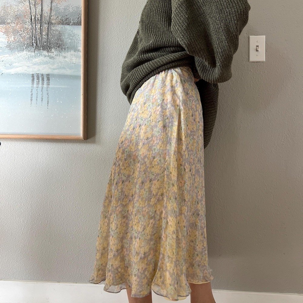 Y2K Silk Floral‎ Midi Skirt Bias Cut Cottagecore soft romantic layering Slip - Picture 4 of 9